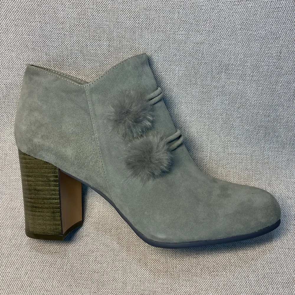 Gray Suede Pom-Pom Block Heel Booties - Women